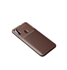 Samsung Galaxy A11 Kılıf Auto Focus Karbon Kapak - Kahverengi