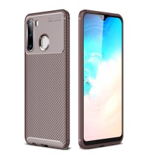Samsung Galaxy A21 Kılıf Auto Focus Karbon Kapak - Kahverengi