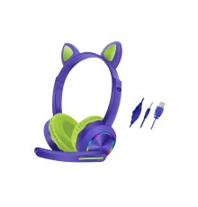 AKZ020 Kafa Üstü Işıklı Kedi Kulaklık - Mor