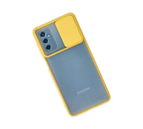 Samsung Galaxy M52 5G Kılıf Palm Buzlu Kamera Sürgülü Silikon - Sarı