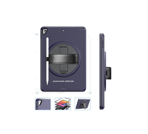iPad 10.2 (7.nesil) Kılıf Hand Strap Tablet Kılıfı - Lacivert iPad 10.2 (7.nesil) Kılıf Hand Strap Tablet Kılıfı - Lacivert