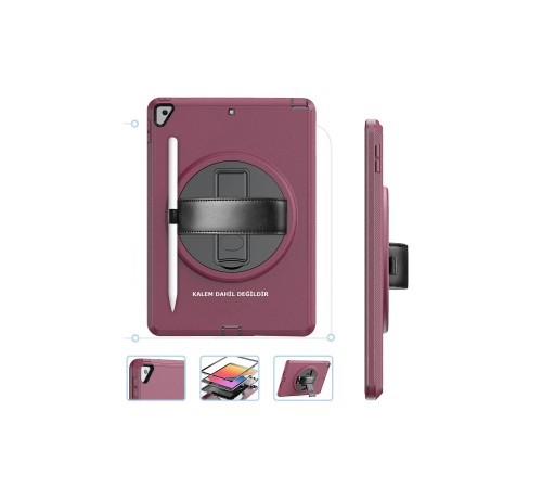 iPad 10.2 (7.nesil) Kılıf Hand Strap Tablet Kılıfı - Mürdüm iPad 10.2 (7.nesil) Kılıf Hand Strap Tablet Kılıfı - Mürdüm