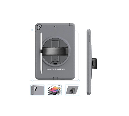iPad 10.2 (7.nesil) Kılıf Hand Strap Tablet Kılıfı - Gri iPad 10.2 (7.nesil) Kılıf Hand Strap Tablet Kılıfı - Gri