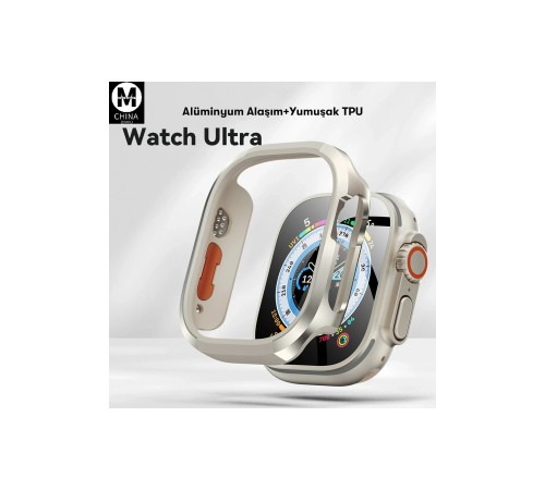 Movenchy Apple Watch Ultra 49mm MO-WT3 Alüminyum Camlı Kasa Ekran Koruyucu - Gold Movenchy Apple Watch Ultra 49mm MO-WT3 Alüminyum Camlı Kasa Ekran Koruyucu - Gold