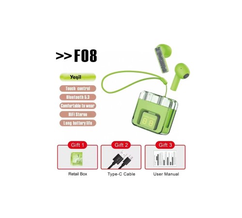 Karler Bass F08 Dijital Şarj Göstergeli TWS Bluetooth Kulaklık - Yeşil Karler Bass F08 Dijital Şarj Göstergeli TWS Bluetooth Kulaklık - Yeşil