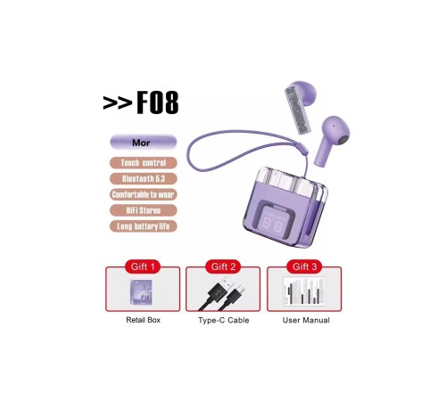 F08 Dijital Şarj Göstergeli TWS Bluetooth Kulaklık - Mor F08 Dijital Şarj Göstergeli TWS Bluetooth Kulaklık - Mor