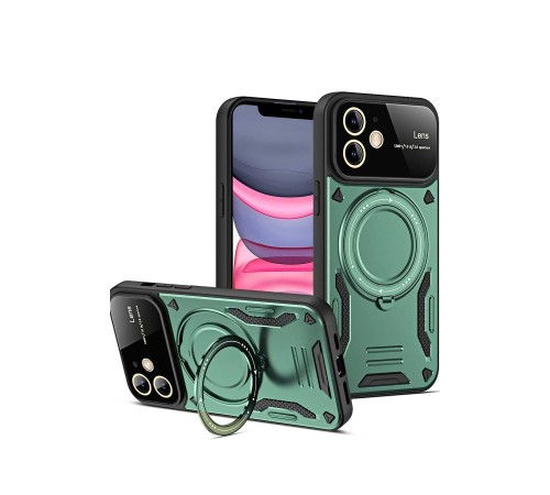 iPhone 11 Kılıf Joy Lens Standlı Kapak - Koyu Yeşil iPhone 11 Kılıf Joy Lens Standlı Kapak - Koyu Yeşil