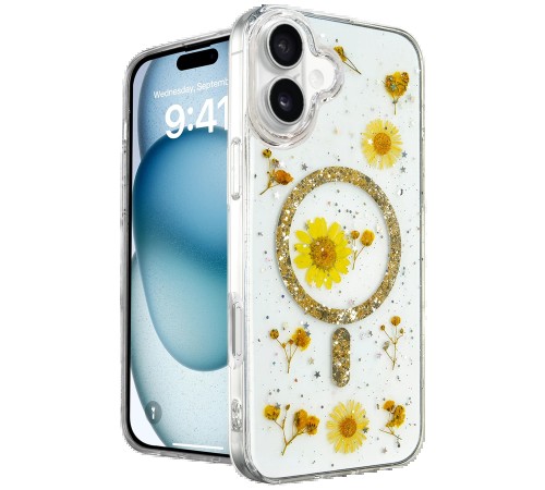 iPhone 16 Kılıf Daisy Simli Magsafe Kapak - Gold