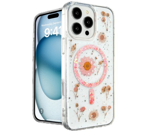 iPhone 16 Pro Kılıf Daisy Simli Magsafe Kapak - Pembe