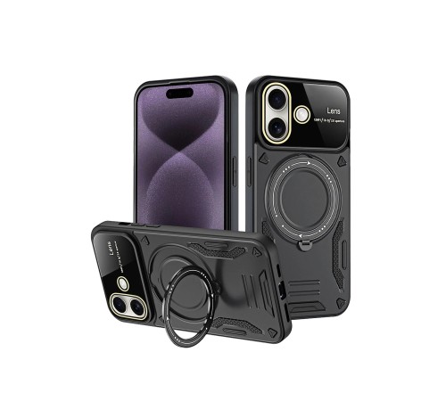 iPhone 16 Kılıf Joy Lens Standlı Kapak - Siyah iPhone 16 Kılıf Joy Lens Standlı Kapak - Siyah
