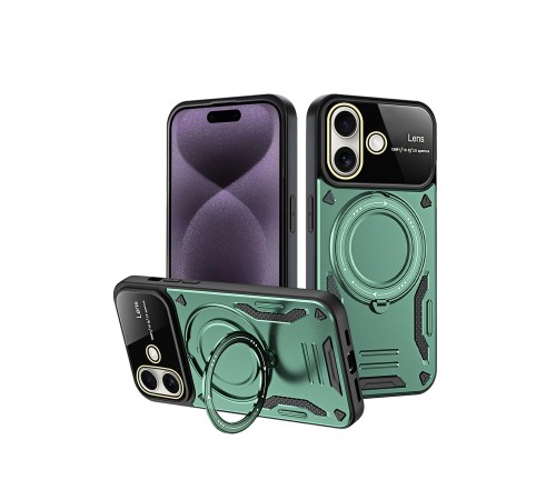 iPhone 16 Kılıf Joy Lens Standlı Kapak - Koyu Yeşil iPhone 16 Kılıf Joy Lens Standlı Kapak - Koyu Yeşil