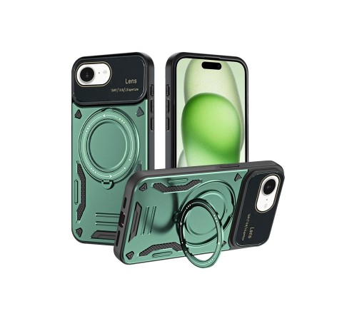iPhone 16E Kılıf Joy Lens Standlı Kapak - Koyu Yeşil iPhone 16E Kılıf Joy Lens Standlı Kapak - Koyu Yeşil