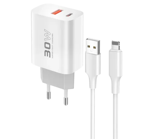 Konfulon C89Q 1 Adet 30W Type-C ve 1 Adet 22.5W USB Çıkışlı Ekstra DL48 1M USB to Lightning Kablolu PD Şarj Cihazı - Beyaz Konfulon C89Q 1 Adet 30W Type-C ve 1 Adet 22.5W USB Çıkışlı Ekstra DL48 1M USB to Lightning Kablolu PD Şarj Cihazı - Beyaz