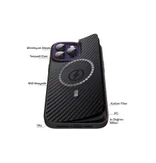 Newface iPhone 14 Pro Kılıf Harbon Magneticsafe Karbon Kapak - Derin Mor
